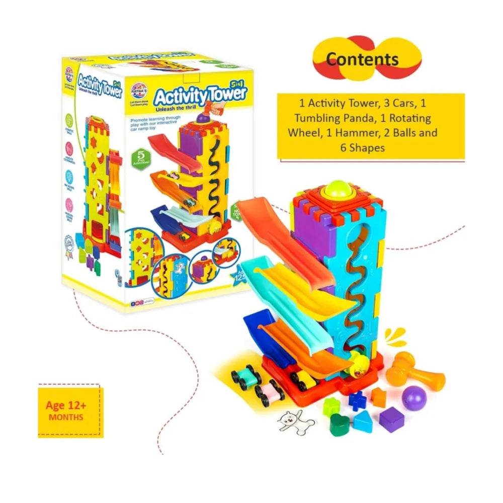 Ratna's Activity Tower 5 in 1 for Kids 1+ Year with Car Race, Shape Sorter, Tumbling Panda, Wheel Slider and Hammering Fun Activities for Toddlers - T-Rex the toyland Sitamarhi