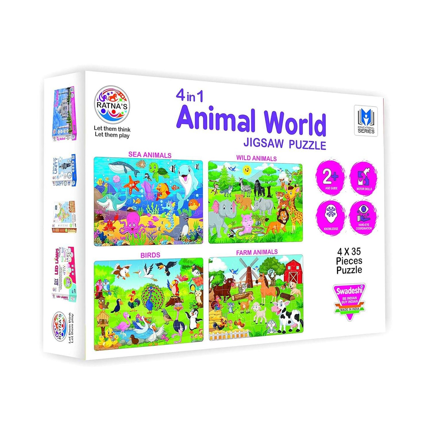 Puzzle 4 in 1 Animal World jigsaw puzzle set featuring sea animals wild animals birds and farm animals