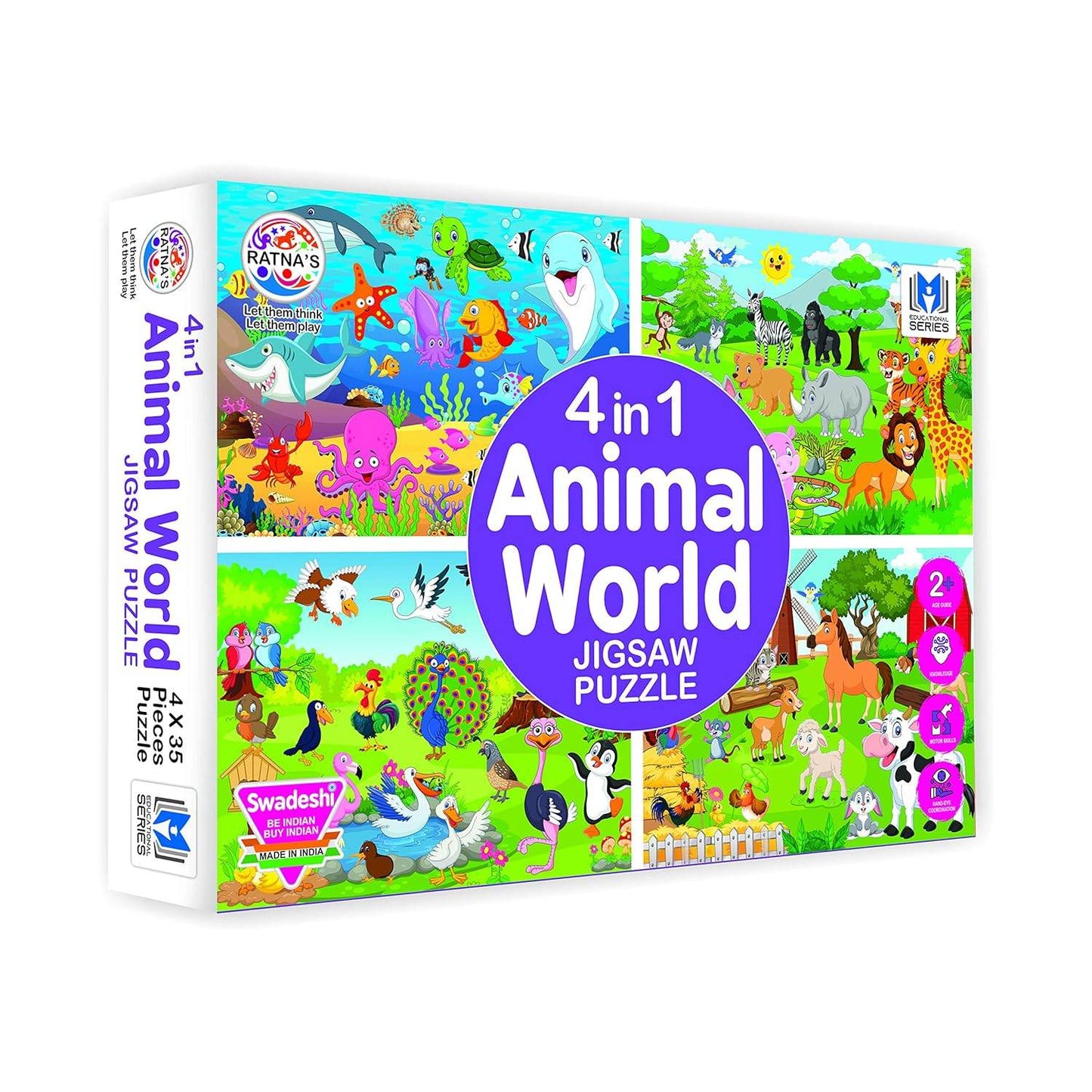 Puzzle 4 in 1 animal world jigsaw puzzle set featuring colorful underwater and land animals for kids