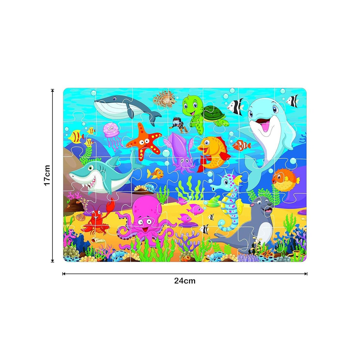 Colorful animal world jigsaw puzzle set featuring various sea creatures and underwater scenery