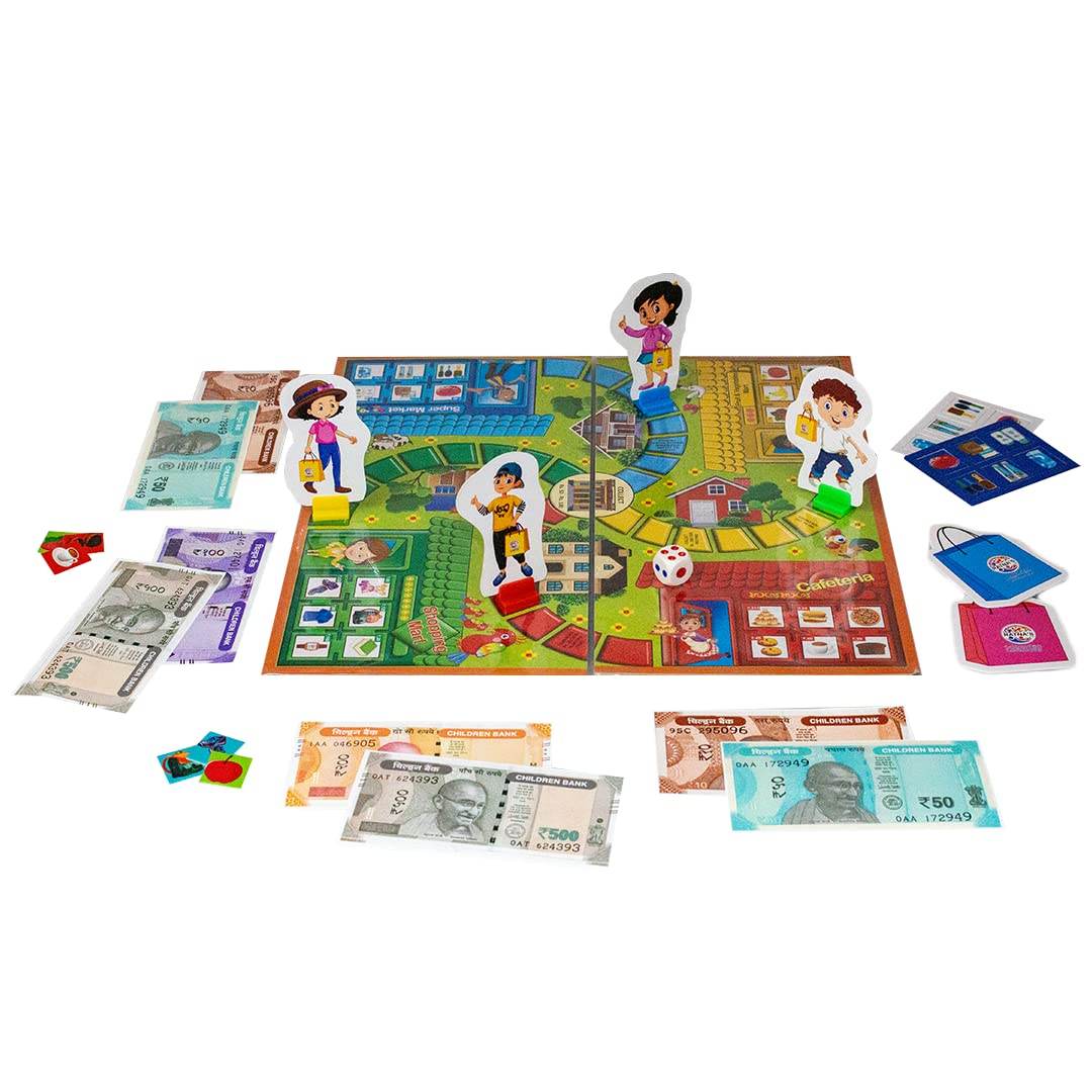 Prem Ratna award winning educational board game with colorful board, character pieces, cards, dice, and play money