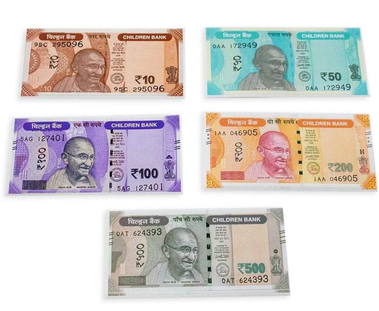 Award winning educational board game play money featuring colorful Indian rupee notes for children