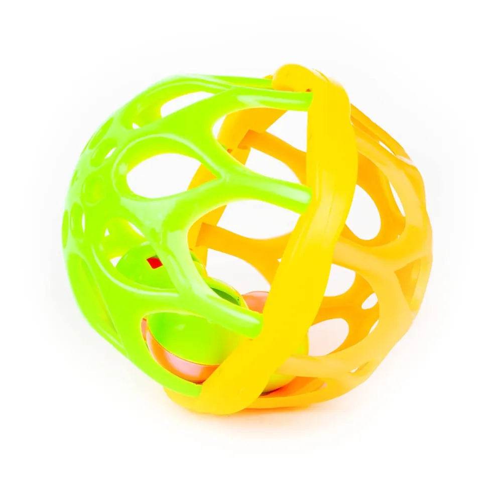 Colorful plastic baby rattle gift set with green and yellow interlocking spheres for infants