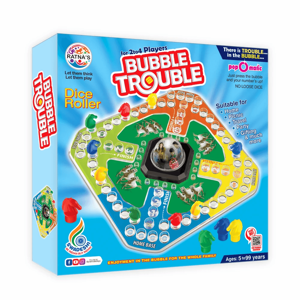 Bubble Trouble board game for kids with colorful pieces and bubble dice roller for 2 to 4 players