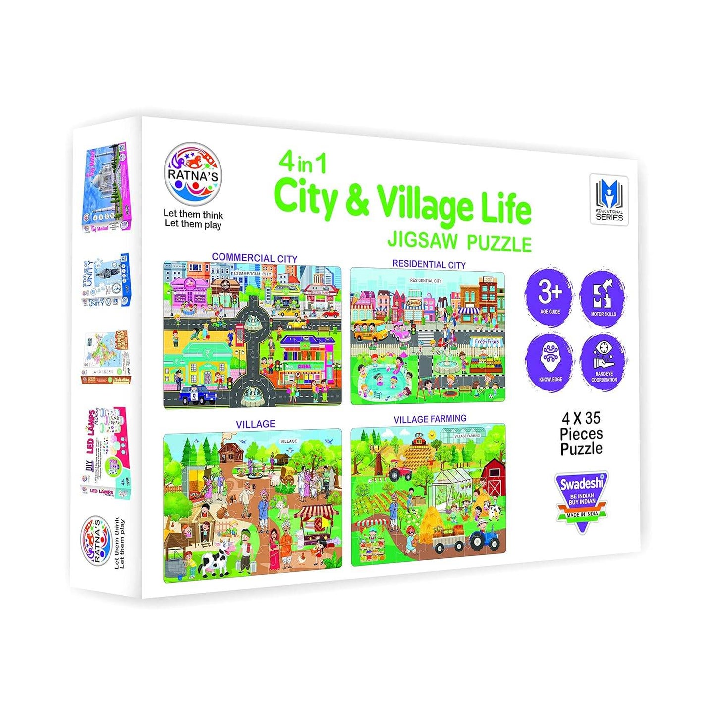 T-Rex the toyland city and village life jigsaw puzzle with 4 colorful scenes of city and village life
