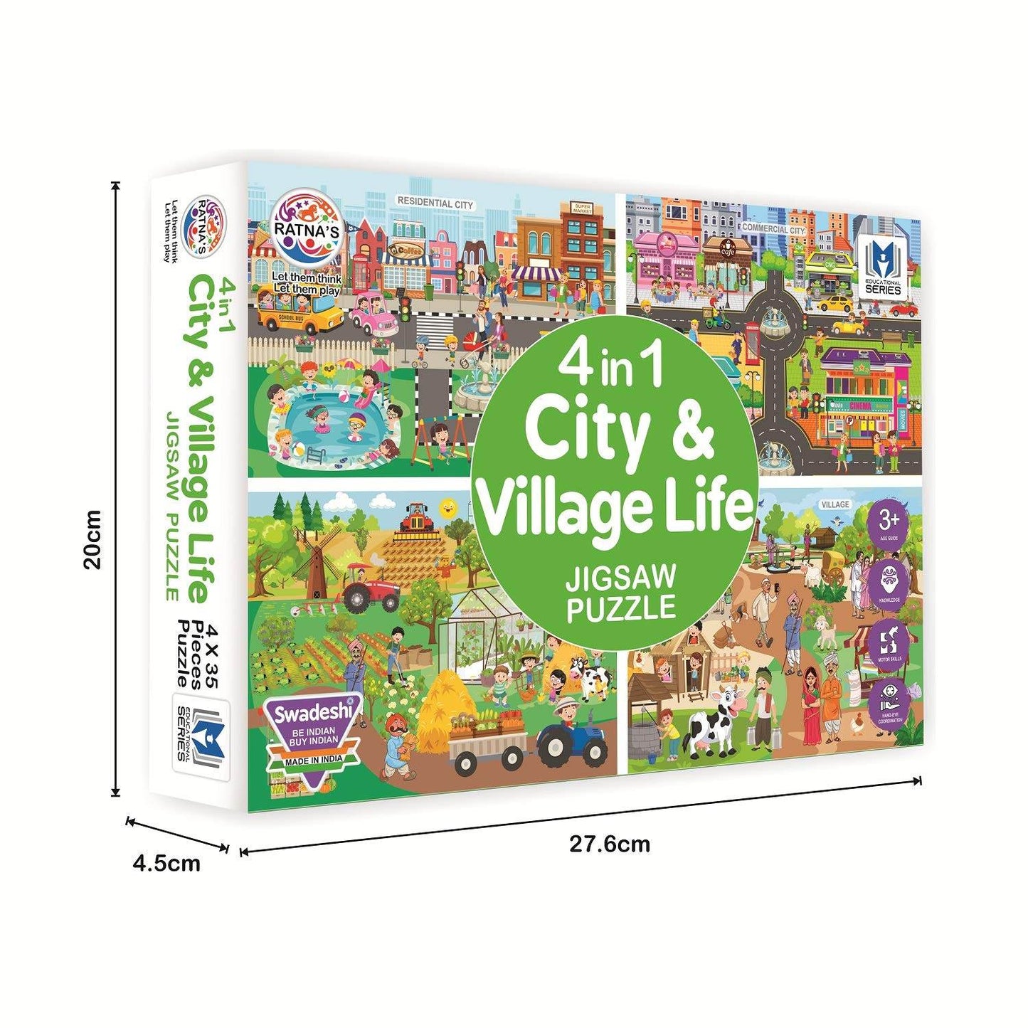 4 in 1 city and village life jigsaw puzzle box showing colorful scenes of urban and rural activities