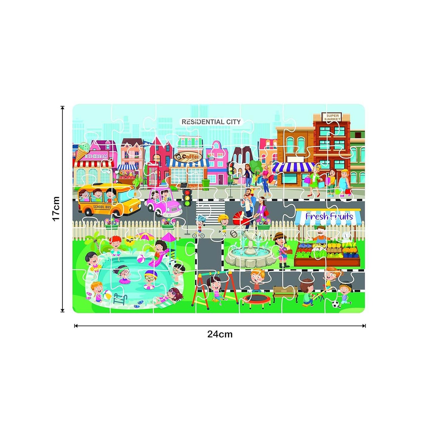City and village life jigsaw puzzle showing residential city scene with buildings parks and people