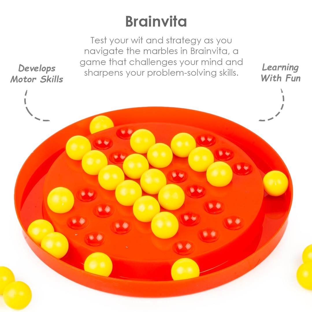 Brainvita game with yellow marbles on orange board from 11 in 1 board games set by T-Rex the toyland Sitamarhi