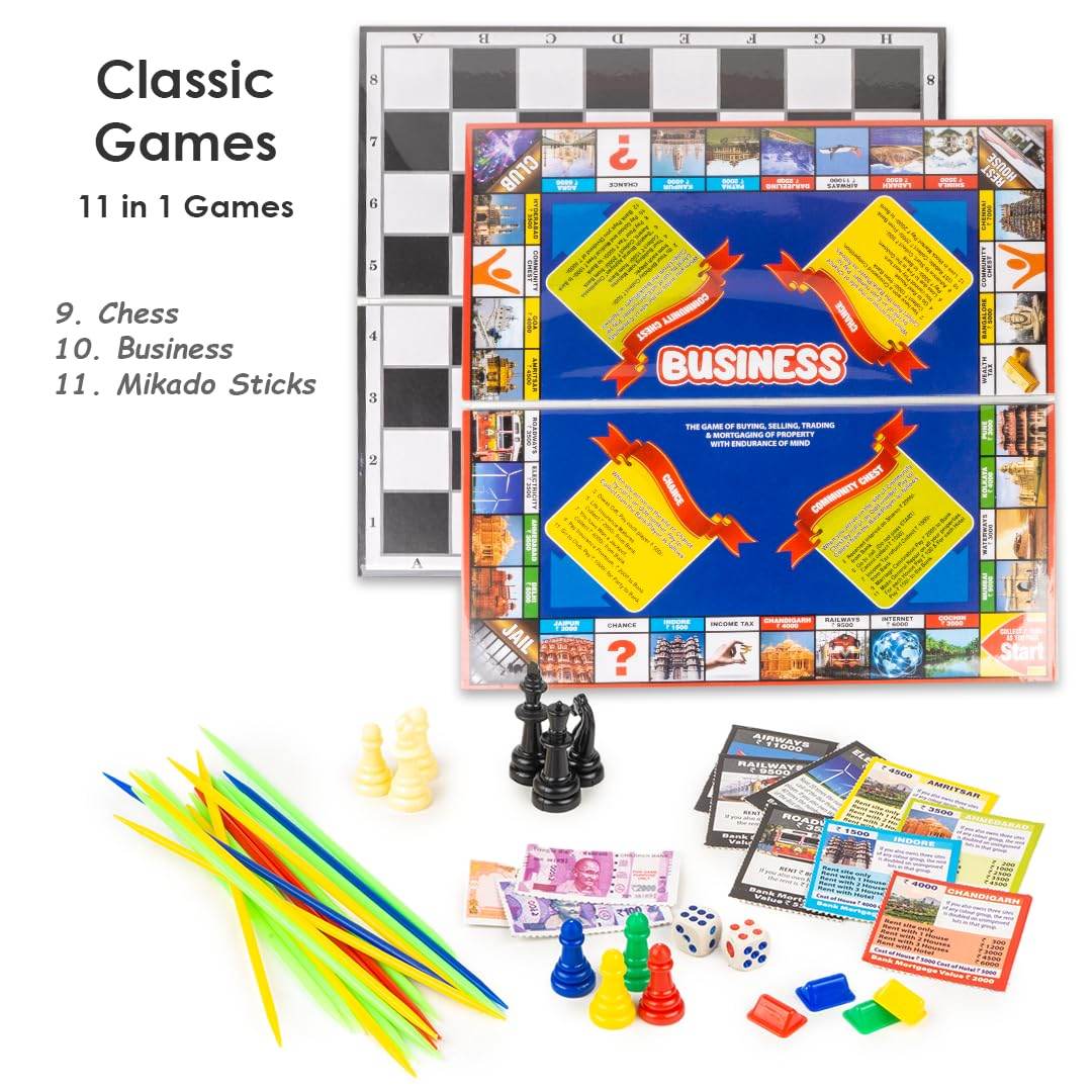 11 in 1 board games set by T-Rex the toyland Sitamarhi featuring chess, business, mikado sticks, and other classic games