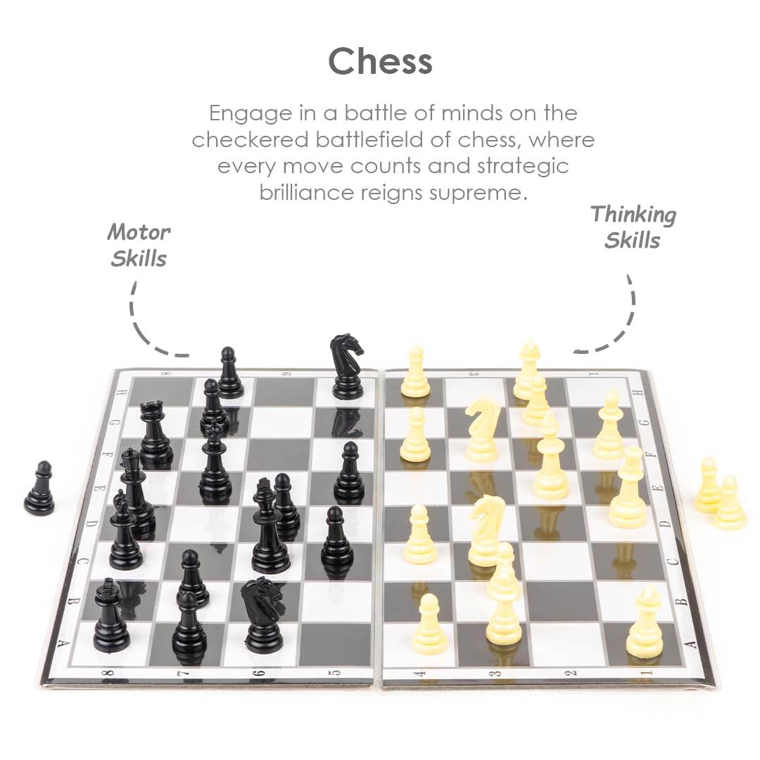 Chess game from the 11 in 1 board games set showing black and white pieces arranged on a checkered board