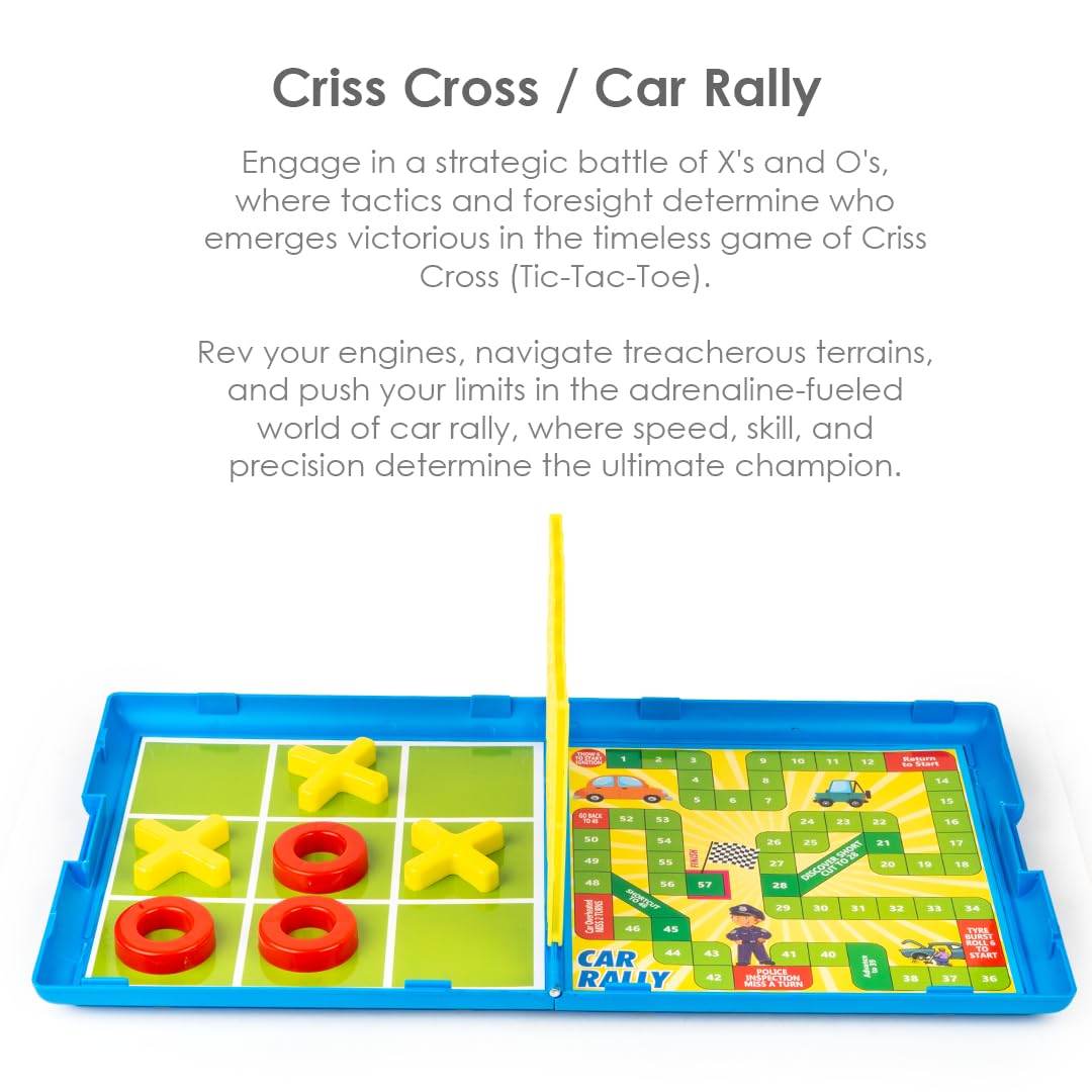 11 in 1 board games set featuring Criss Cross and Car Rally game boards in a blue case