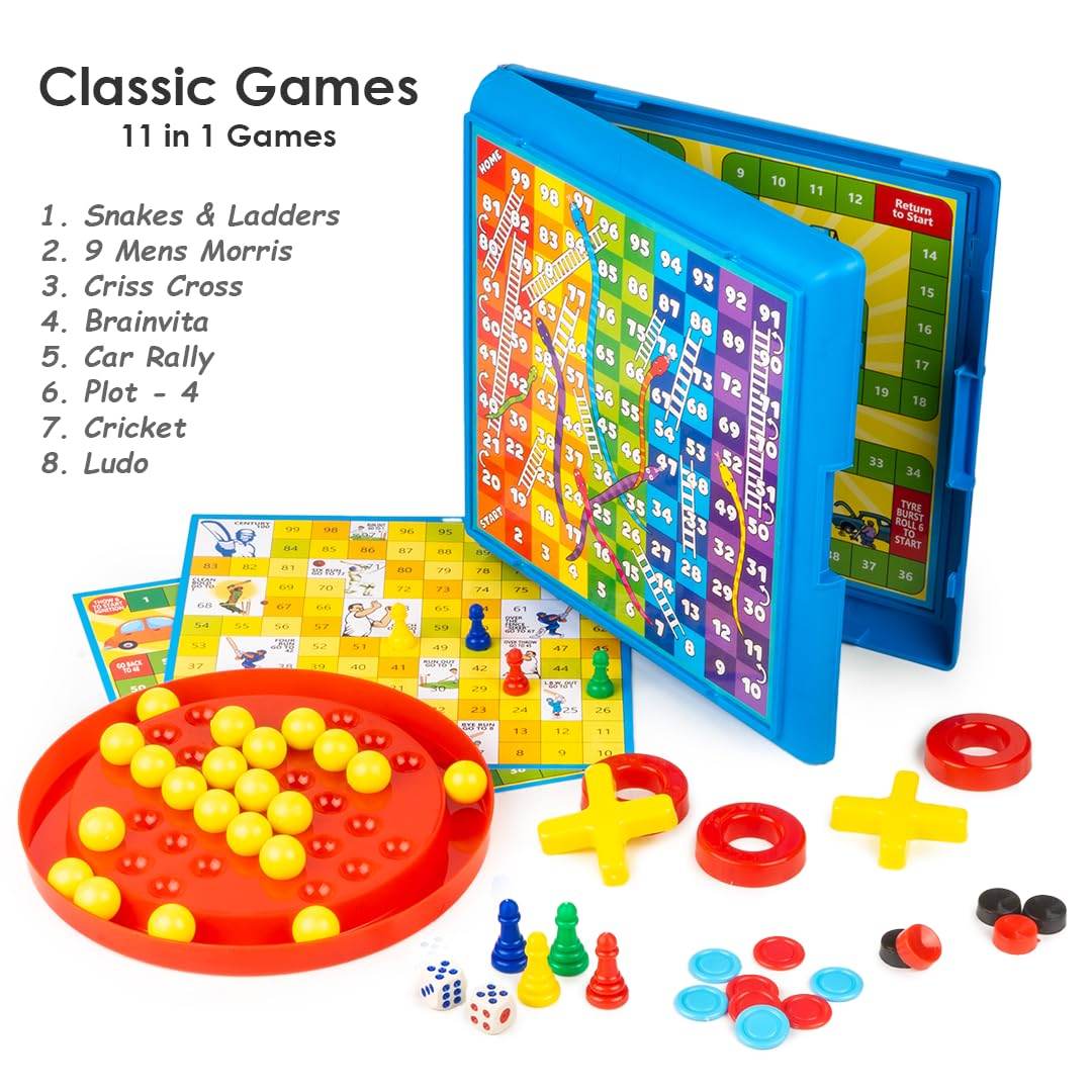 11 in 1 board games set with colorful game pieces including snakes and ladders, ludo, and tic tac toe