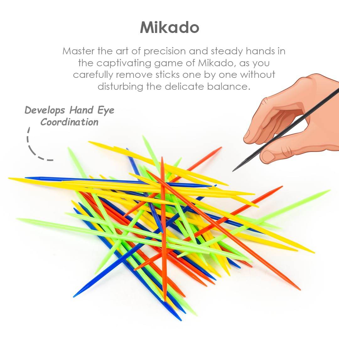 Colorful wooden sticks from Mikado game in 11 in 1 board games set showing hand picking a stick to develop hand eye coordination