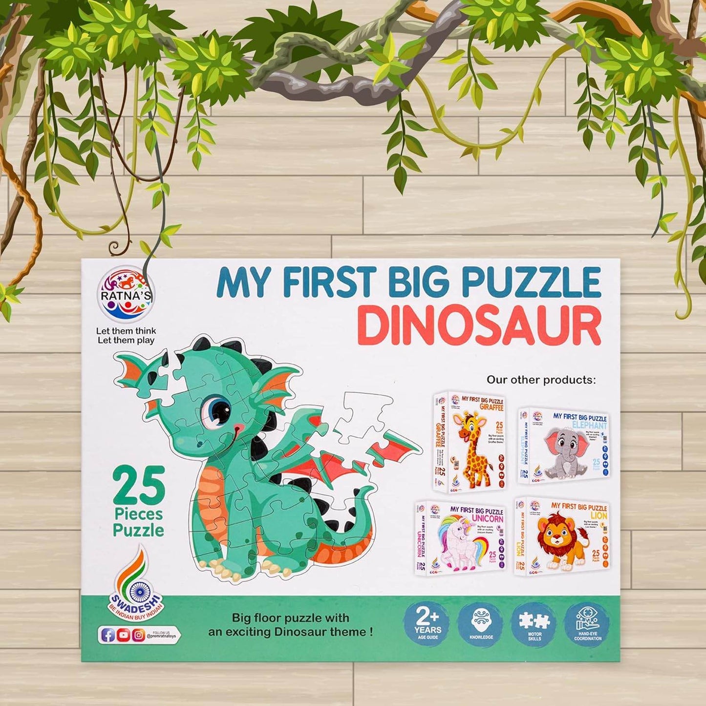 Dinosaur jigsaw puzzle for kids with 25 pieces featuring a cute green dinosaur on the box from T-Rex the toyland Sitamarhi