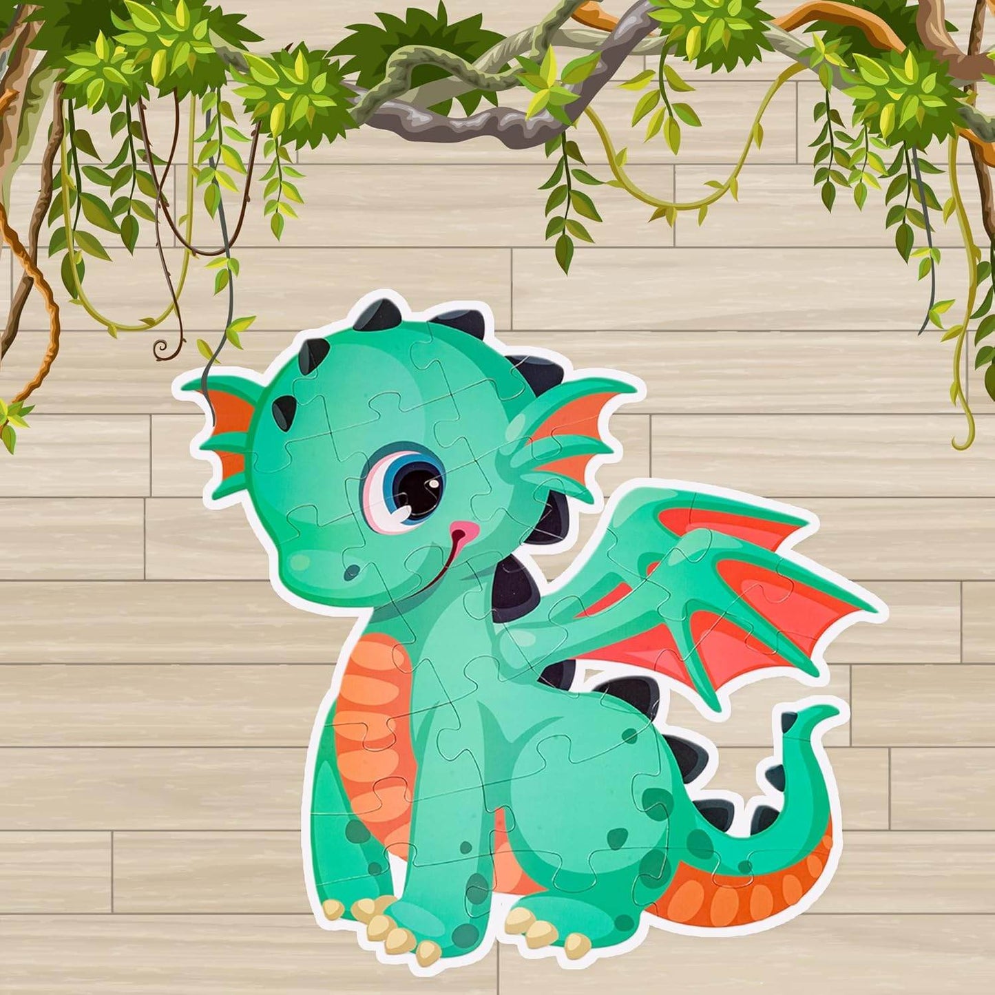 Colorful dinosaur jigsaw puzzle for kids featuring a cute green dragon with orange wings and tail