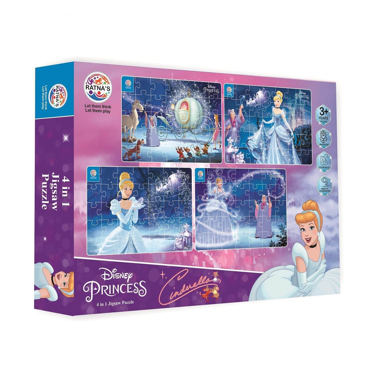 Prem Ratna Disney Cinderella jigsaw puzzle for kids 4 in 1 set with colorful princess scenes