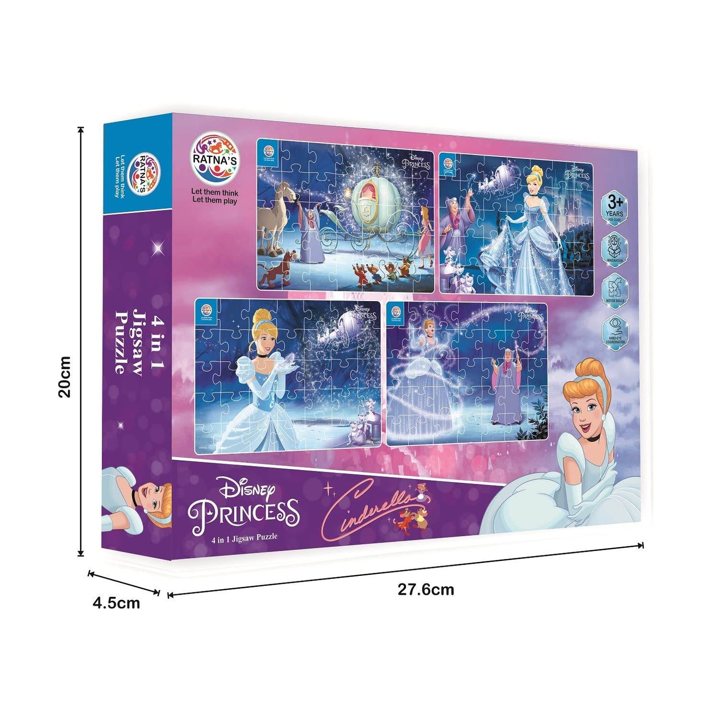 Disney Cinderella jigsaw puzzle for kids by Prem Ratna featuring 4 in 1 puzzle set with princess scenes