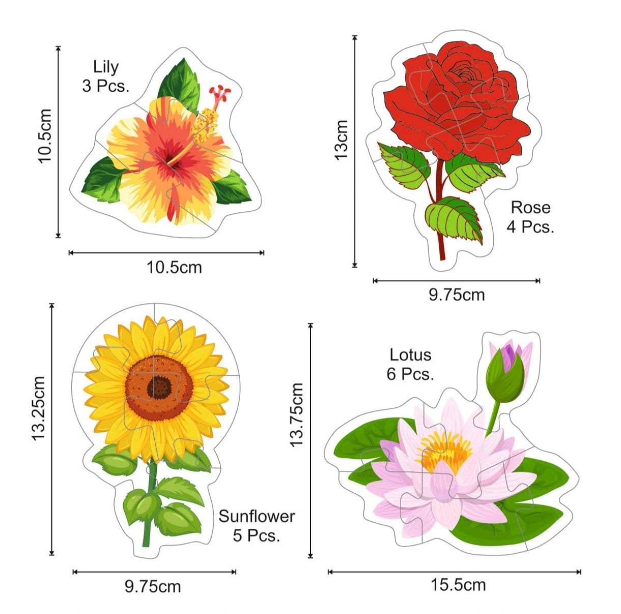 Educational flower puzzle for toddlers featuring colorful lily, rose, sunflower, and lotus flower pieces