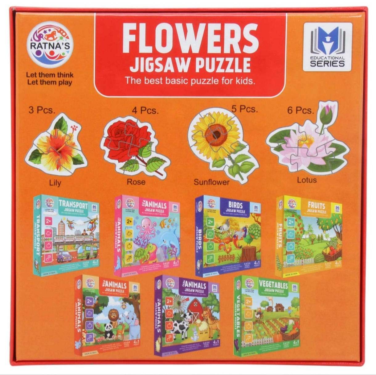 Educational flower puzzle for toddlers featuring colorful jigsaw pieces of Lily Rose Sunflower and Lotus