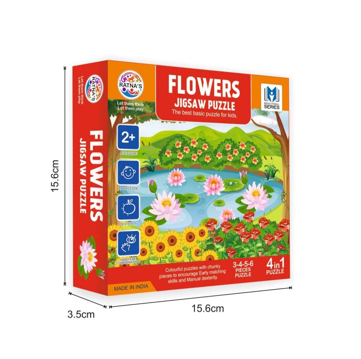 Educational flower puzzle for toddlers with colorful jigsaw pieces featuring pond and flowers design