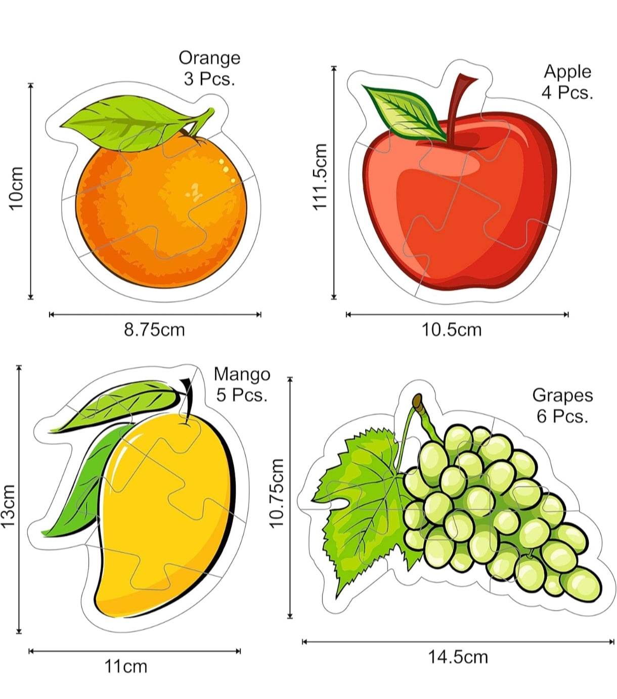 Educational fruit puzzle for toddlers featuring orange, apple, mango, and grapes with multiple pieces