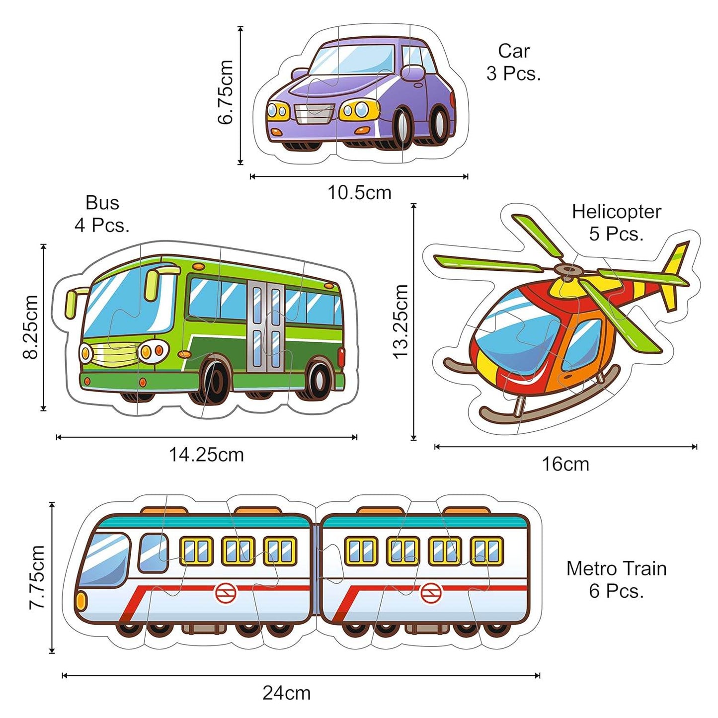 Educational transport puzzle for kids featuring car, bus, helicopter, and metro train pieces by T-Rex the toyland Sitamarhi
