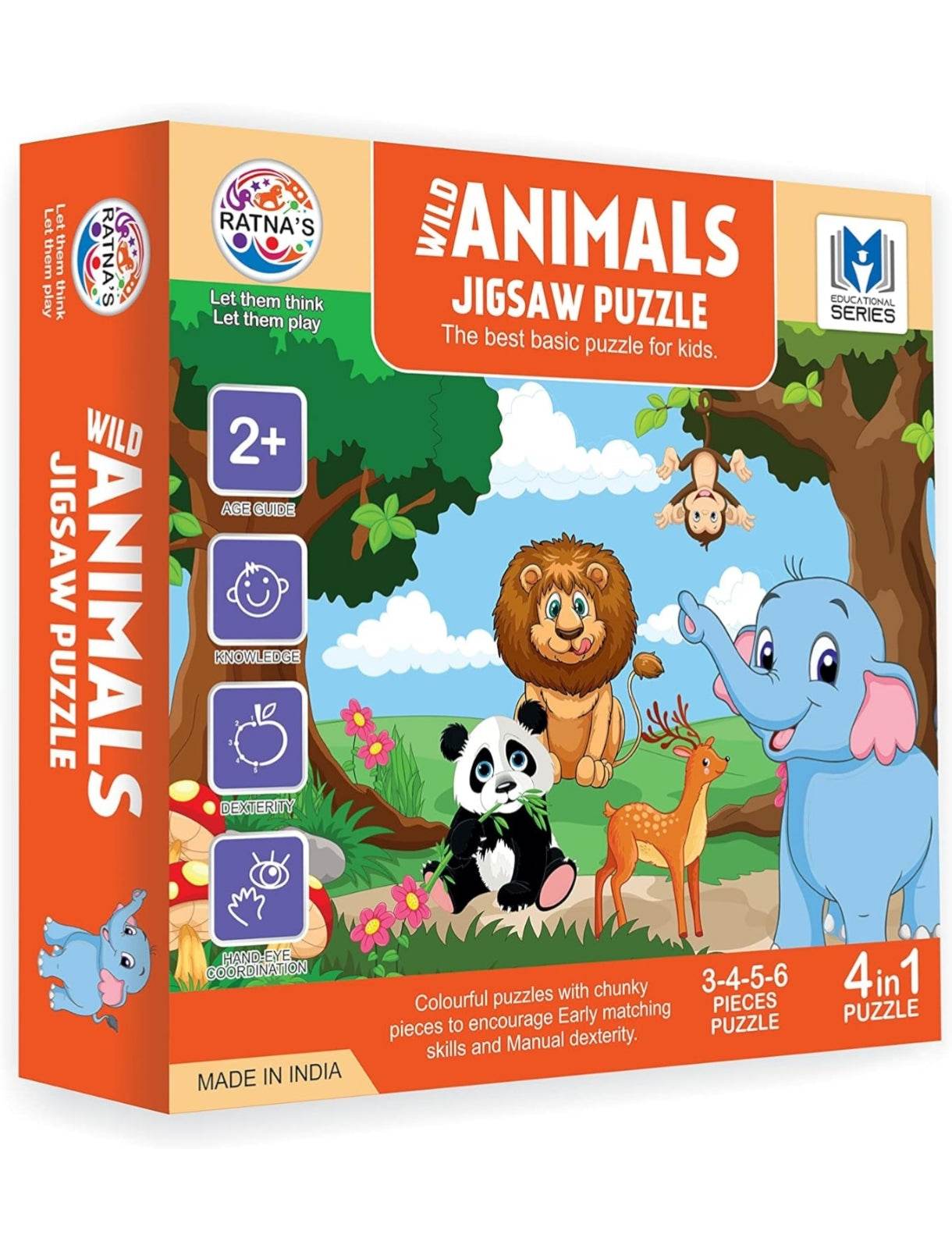 Educational wild animal puzzle for babies featuring colorful jungle animals in a 4-in-1 jigsaw set