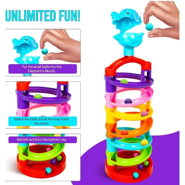 Colorful elephant marble run toy for babies with balls rolling down the spiral tower