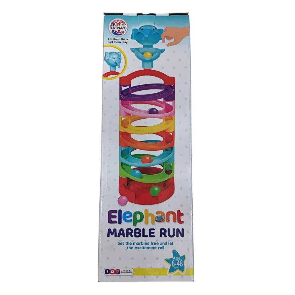 Elephant marble run toy for babies by Prem Ratan with colorful spiral tracks and marbles