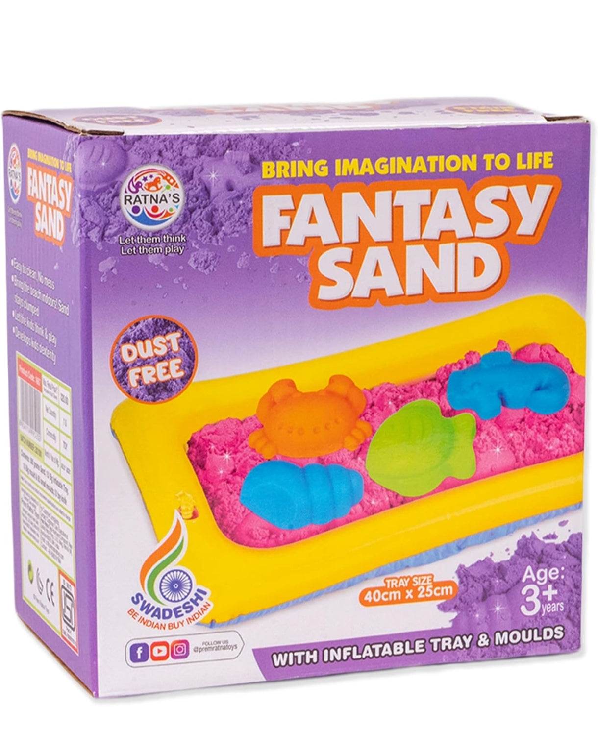 Ratna's Fantasy Sand 500 Grams Pink Colour with Inflatable Tray, 1 Big Mould, 6 Small Moulds & 1 Toy Plastic Knife | Smooth, Non Sticky Kinetic Sand Set for Kids - T-Rex the toyland Sitamarhi