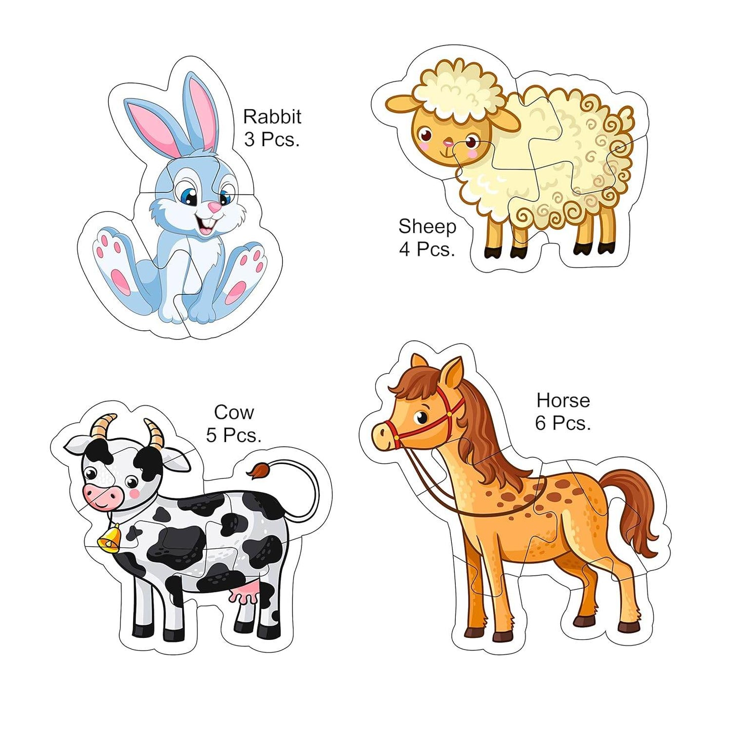 Colorful farm animal puzzle for toddlers with four animals including rabbit, sheep, cow, and horse pieces