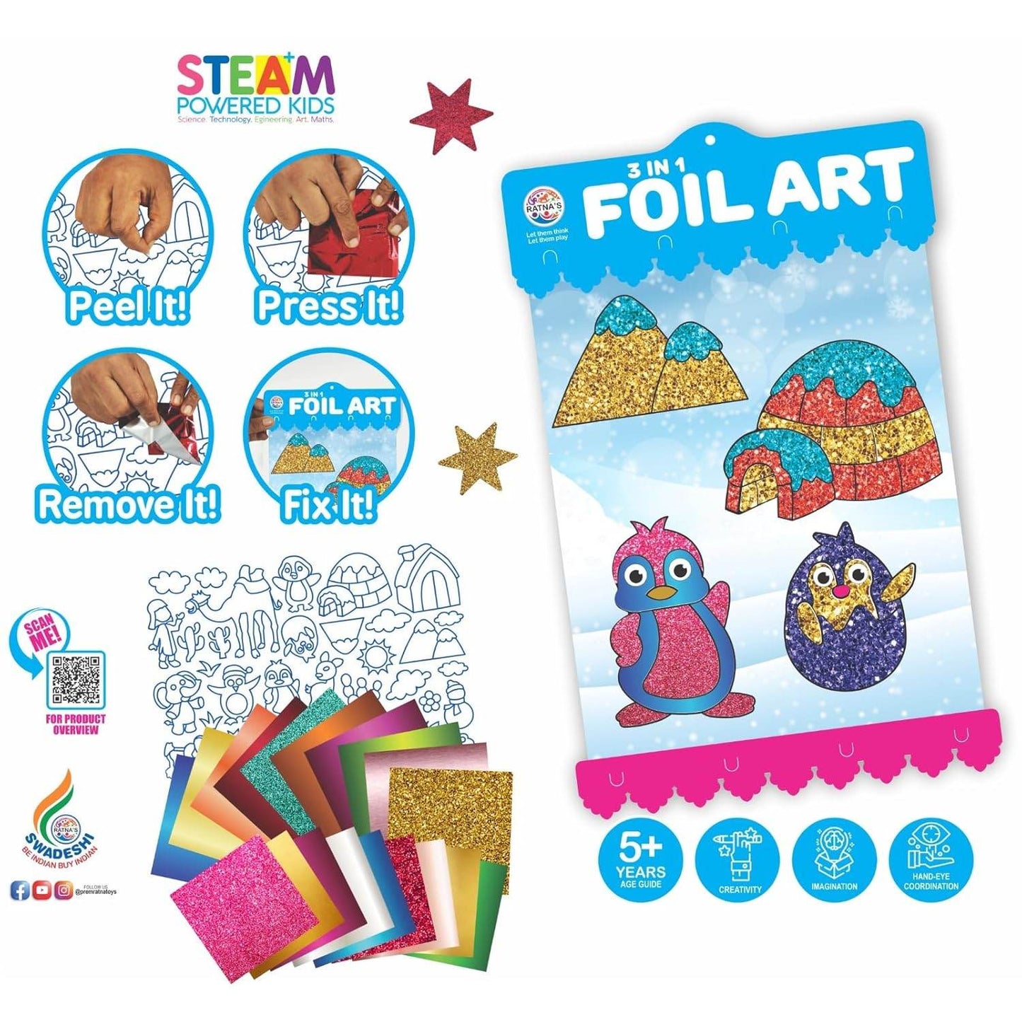 Prem Ratna 3 in 1 foil art kit for kids with colorful foil sheets and step-by-step instructions