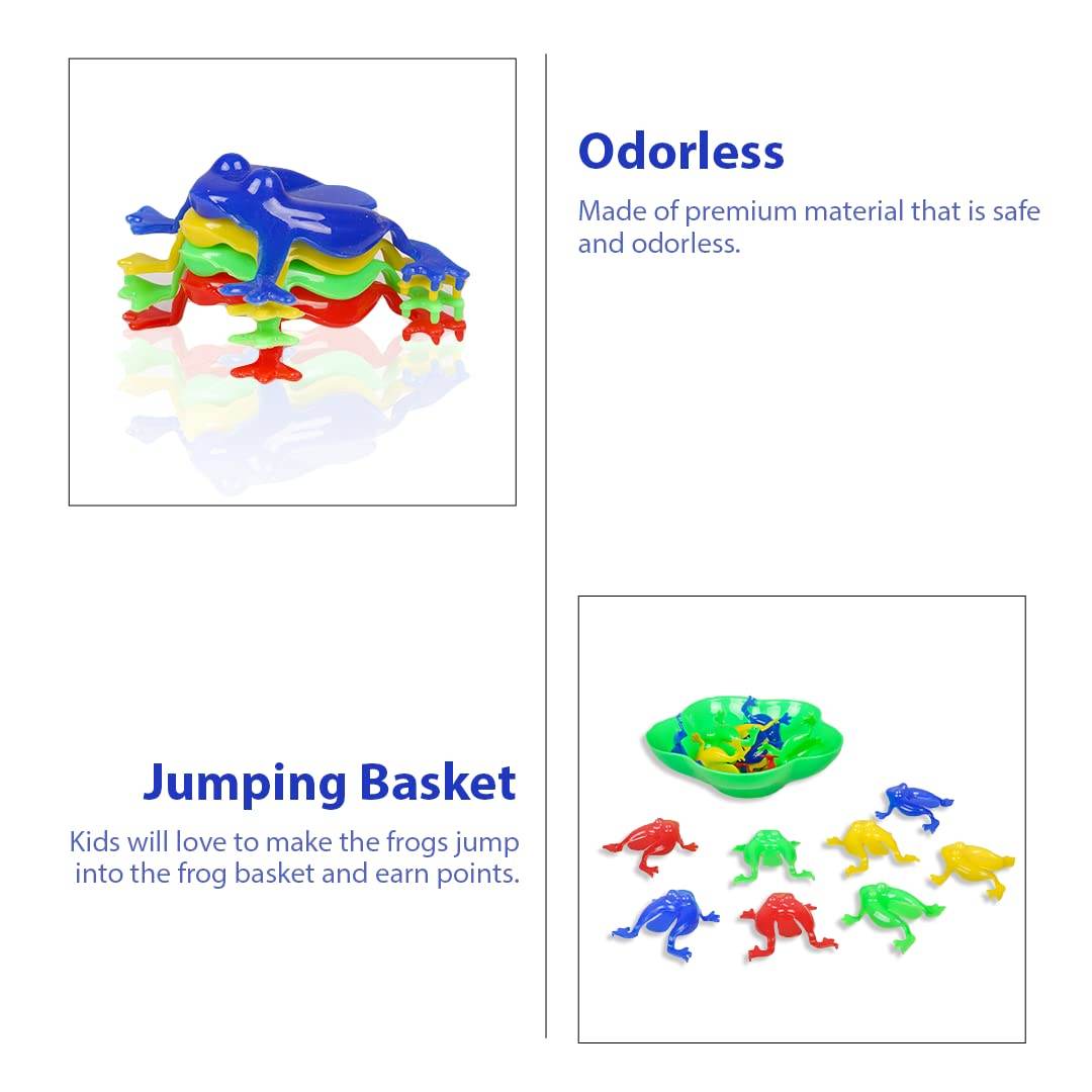 Jumping Frog board game for kids with colorful plastic frogs and green jumping basket
