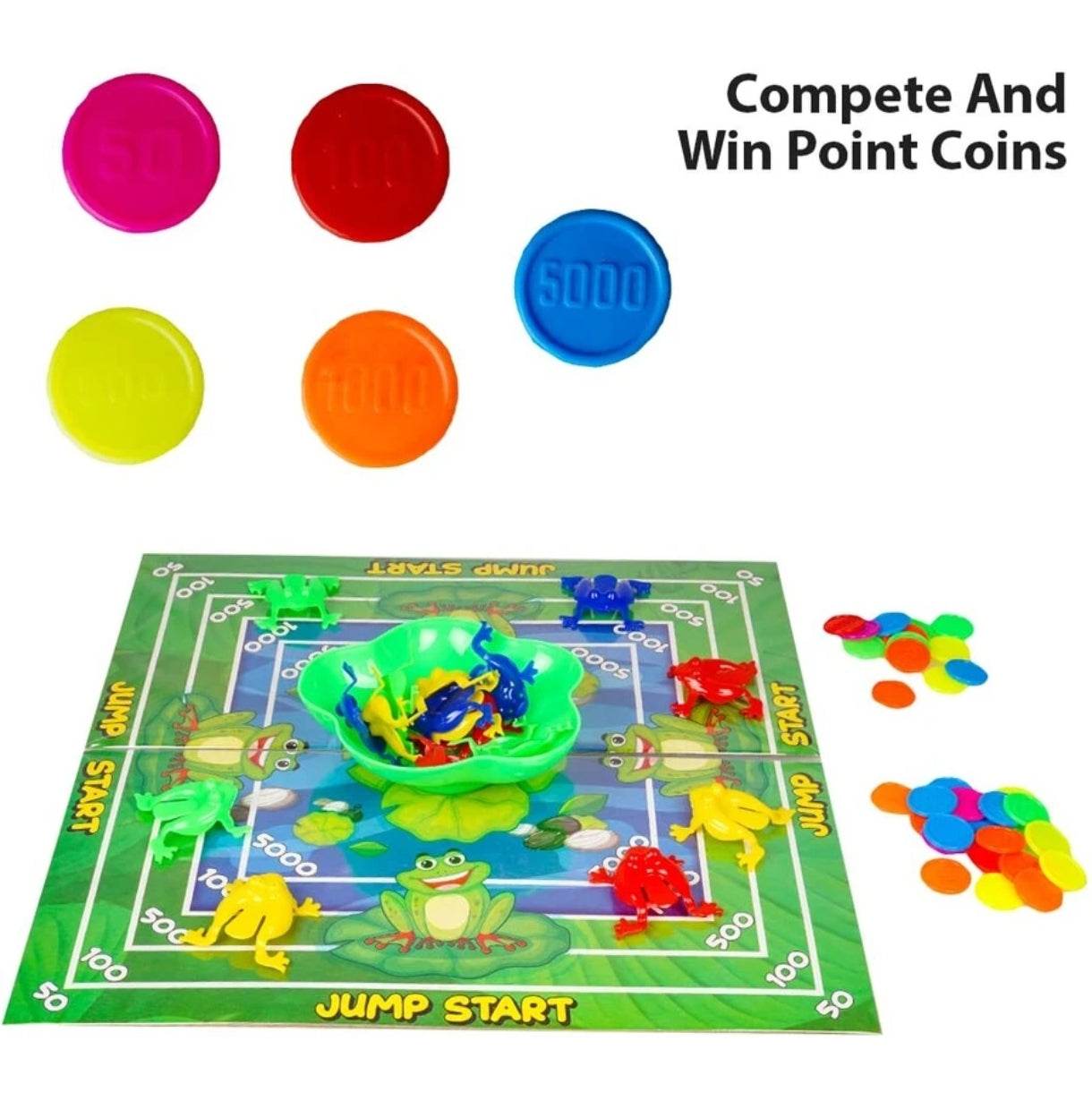 Jumping frog board game with colorful frog pieces, point coins, and a lily pad-themed game board