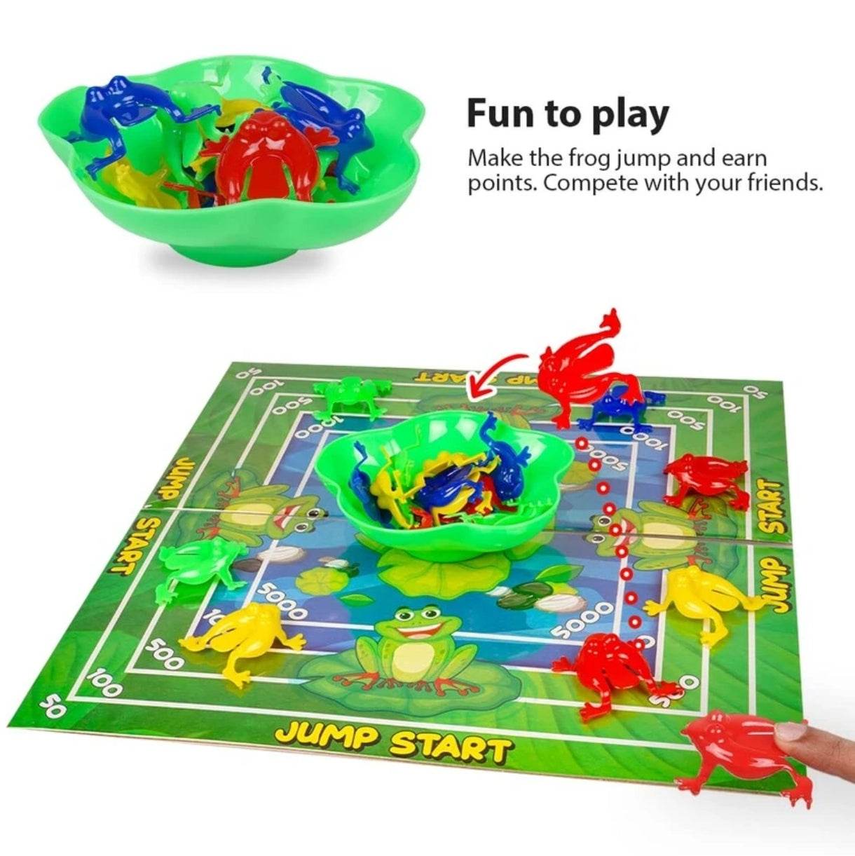 Jumping frog board game with colorful frog pieces and green lily pad playing board