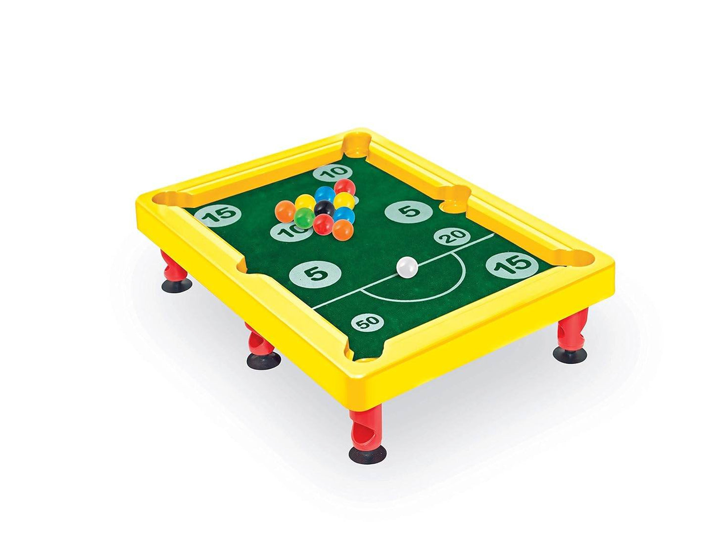 Kids snooker table toy with yellow frame green playing surface and colorful balls for children