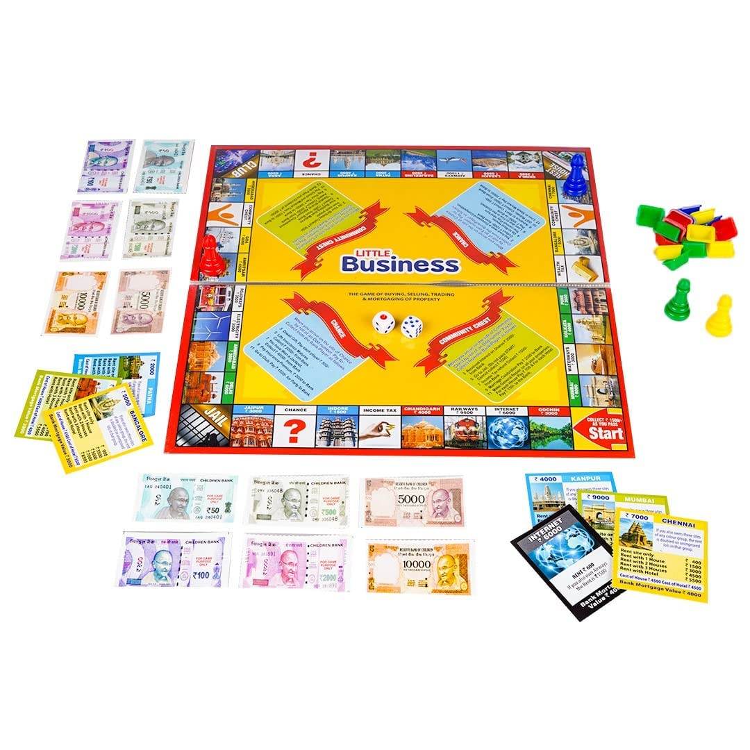 Prem Ratna little business board game for kids with colorful board, money, cards, dice, and game pieces