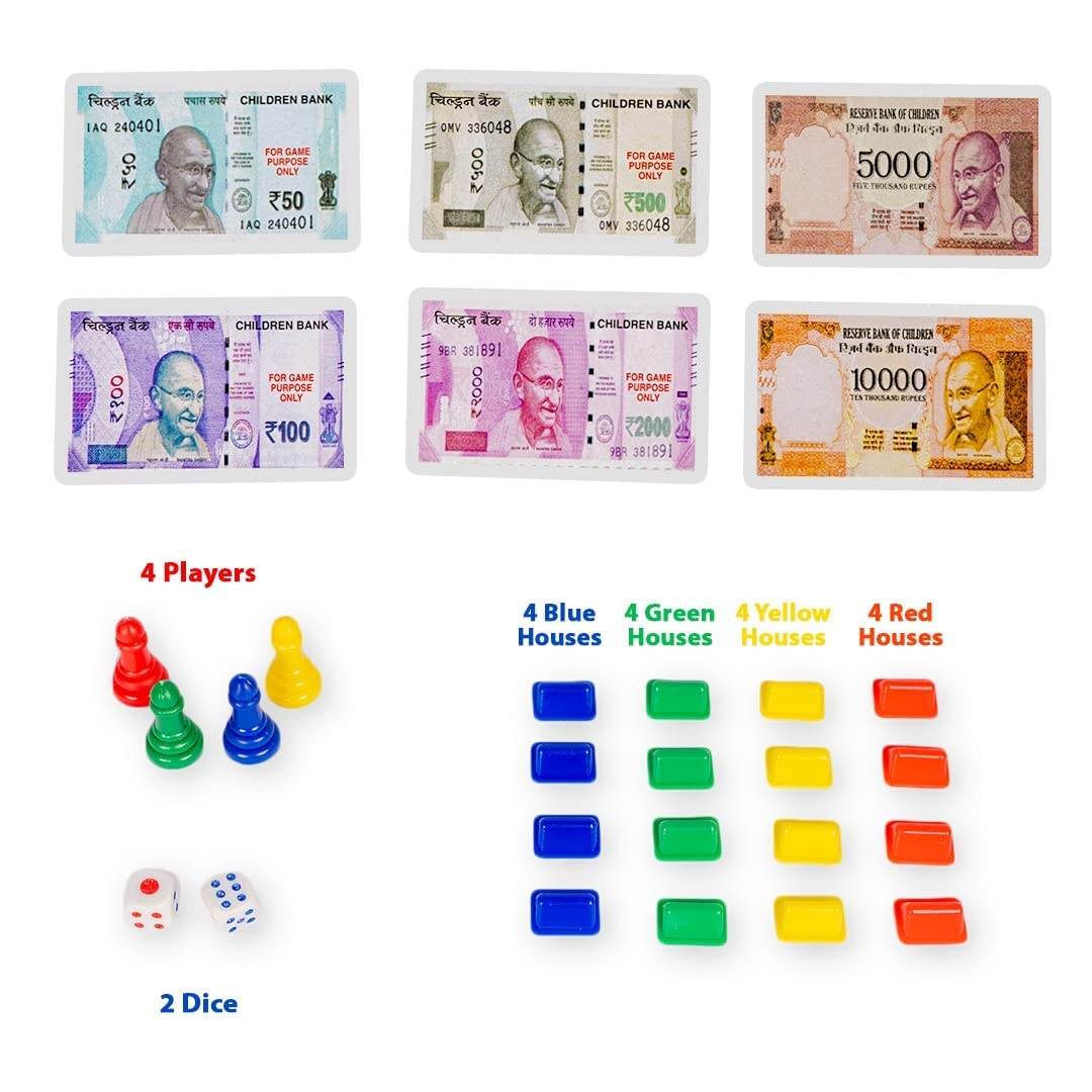 Prem Ratna little business board game for kids featuring colorful currency notes, player pieces, houses, and dice