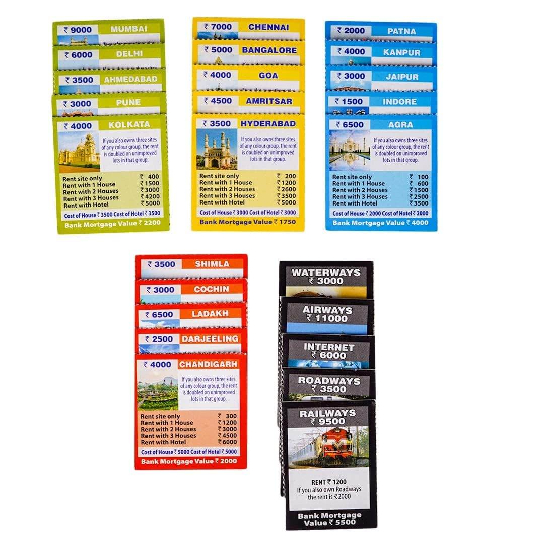 Prem Ratna little business board game for kids showing colorful property and utility cards with rent and mortgage values