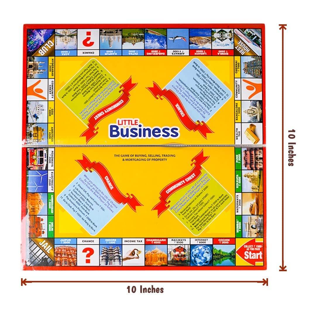 Little business board game for kids with colorful property and chance cards on a 10 inch square board
