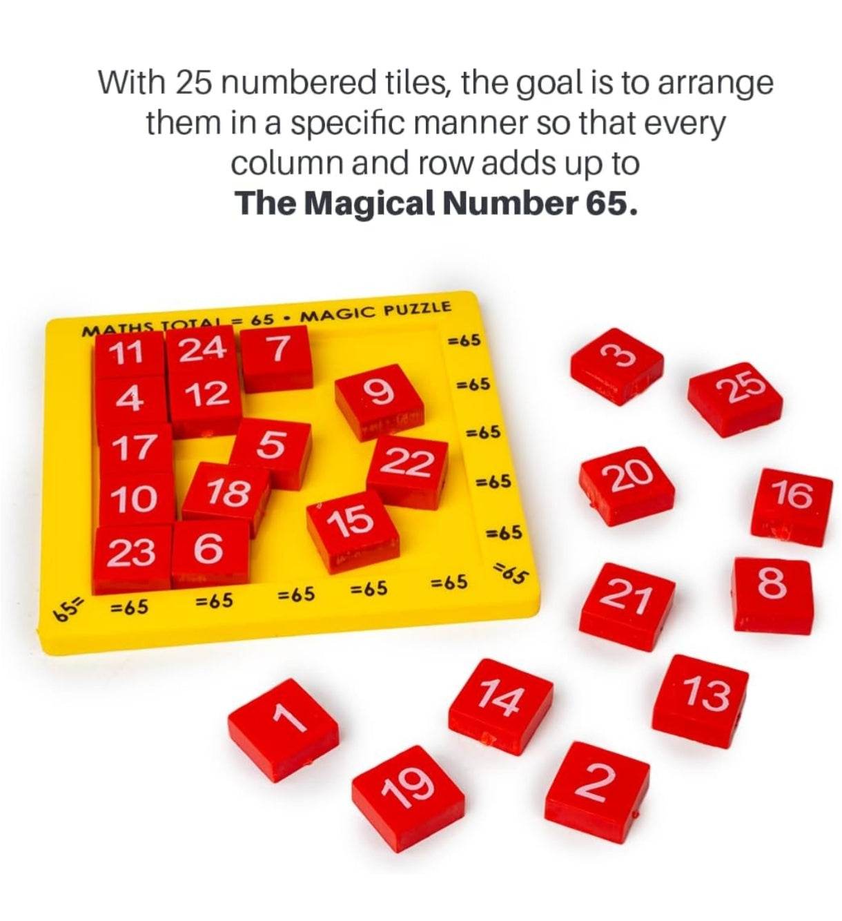 Prem Ratna math puzzle board game for kids with 25 red numbered tiles and yellow board for adding numbers