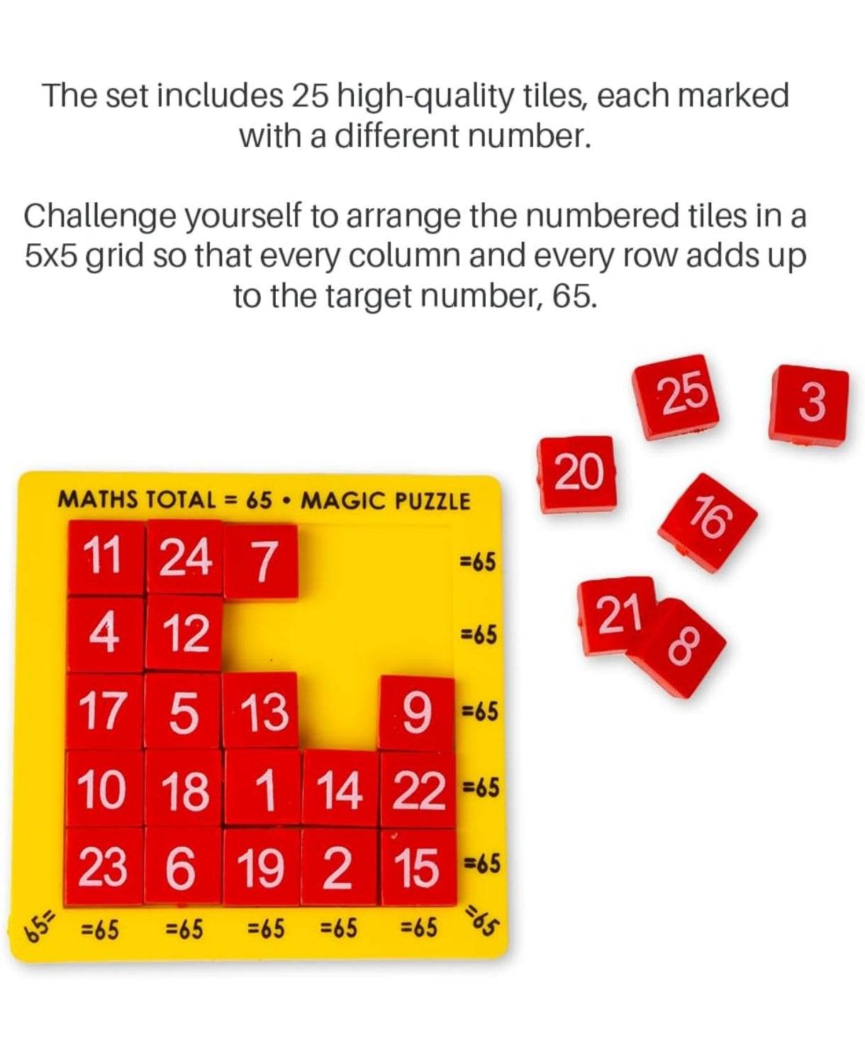 Prem Ratna math puzzle board game for kids with 25 red numbered tiles on yellow board