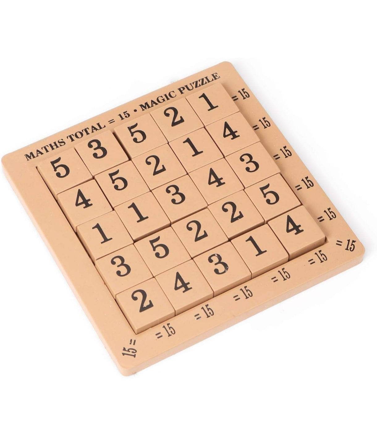 Wooden maths magic puzzle for kids with numbered tiles arranged on a square board