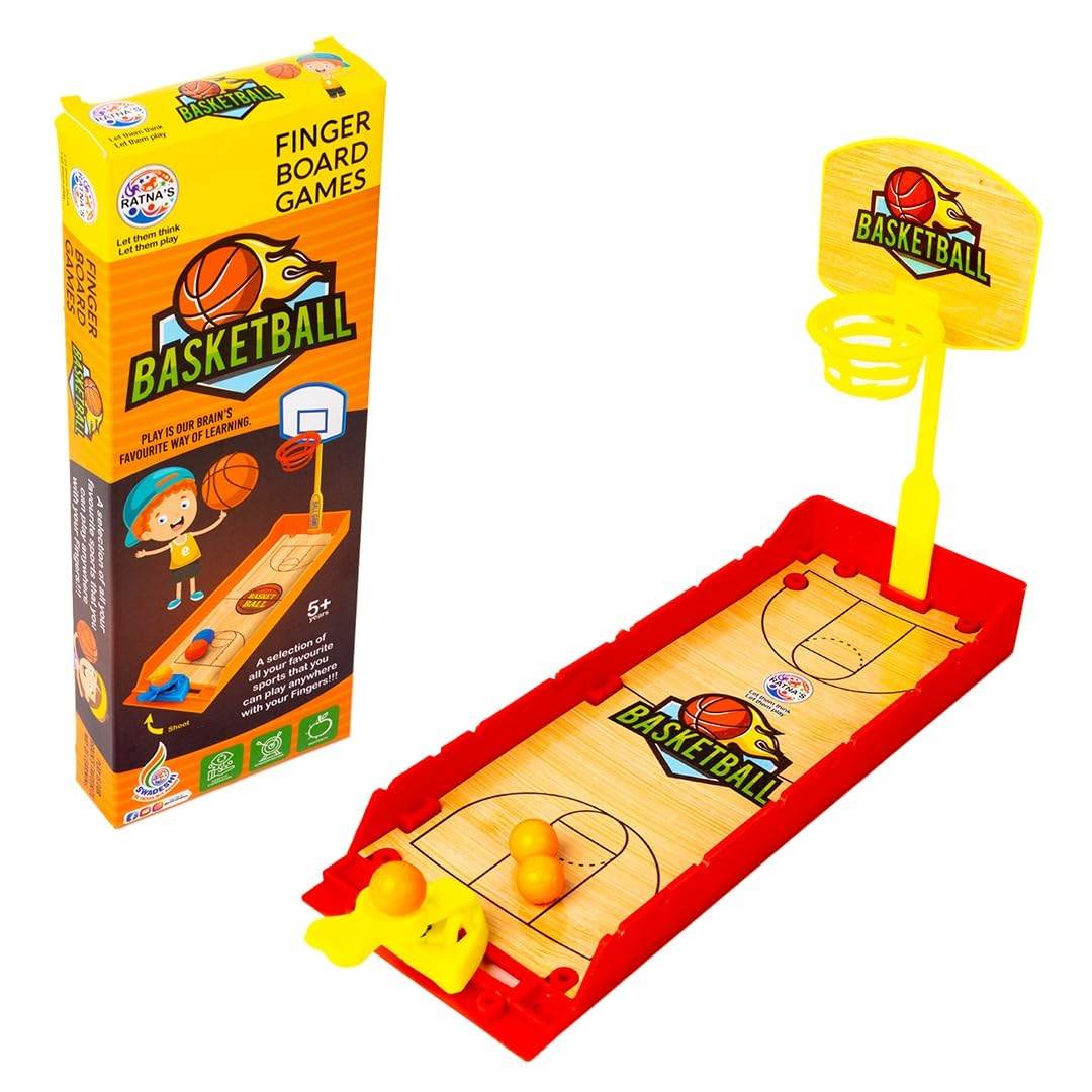Prem Ratan mini basketball finger board game with a small hoop and three orange balls on a wooden court