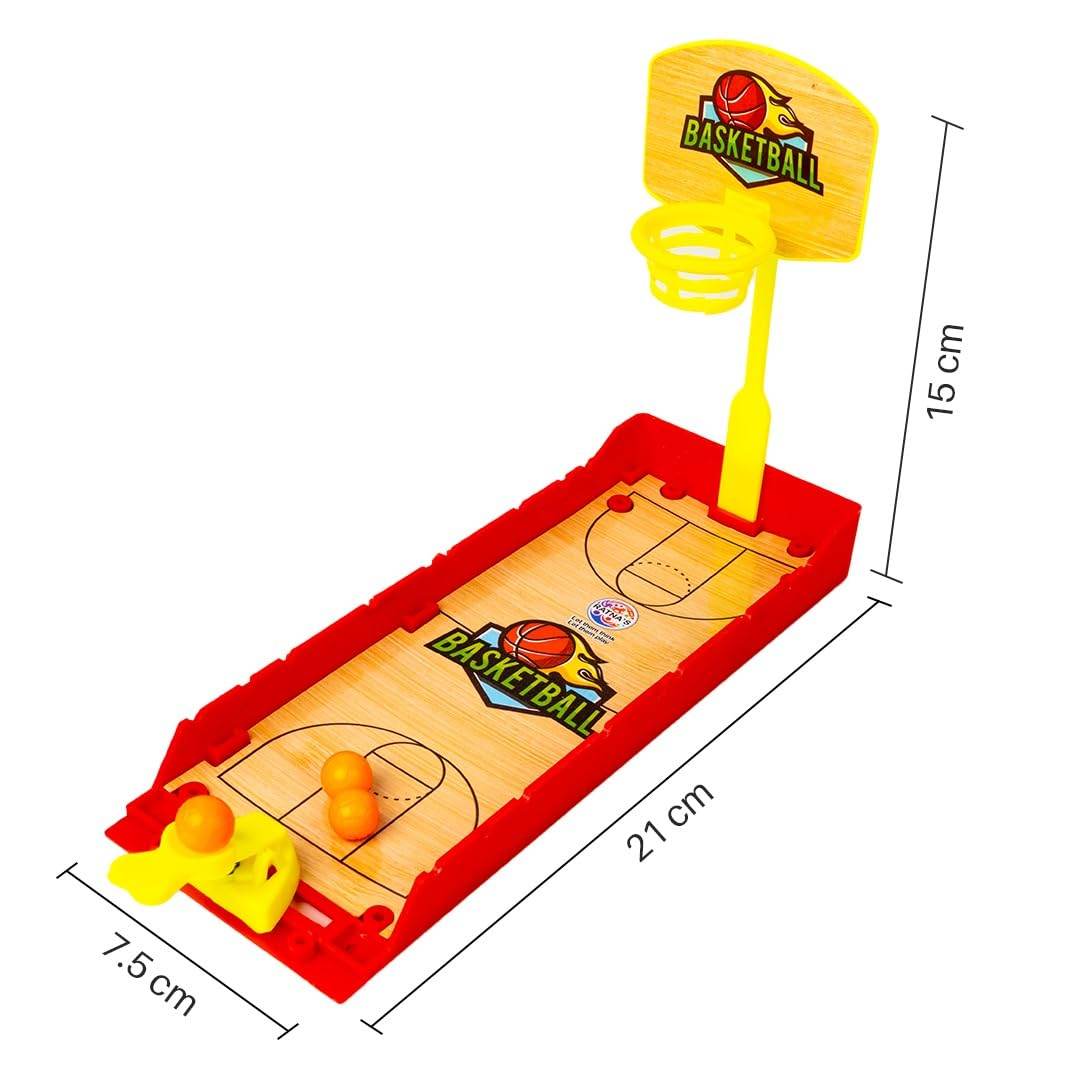 Prem Ratan mini basketball finger board game with yellow hoop and two orange balls on a wooden court