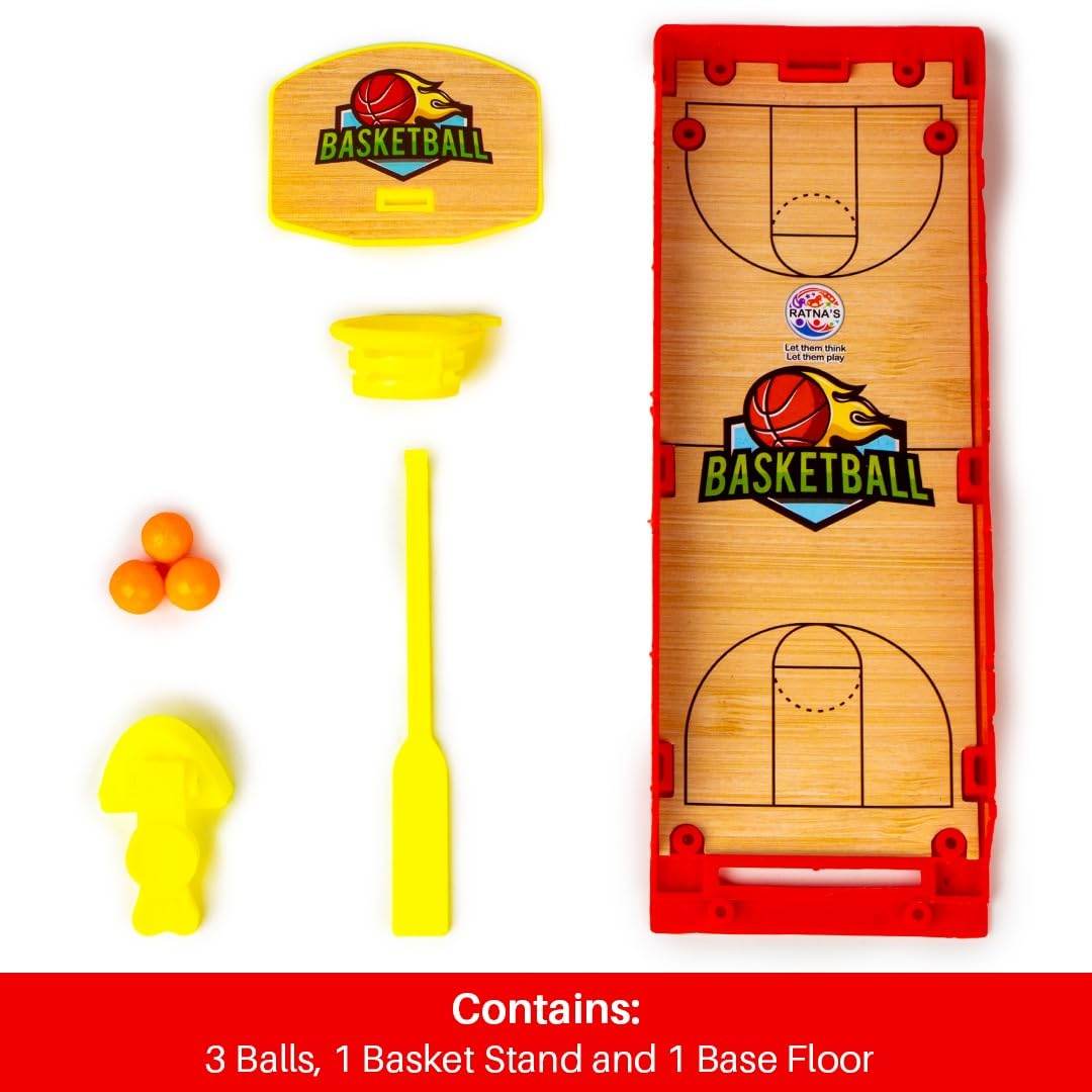 Prem Ratan mini basketball finger board game with three orange balls yellow basket stand and wooden game base