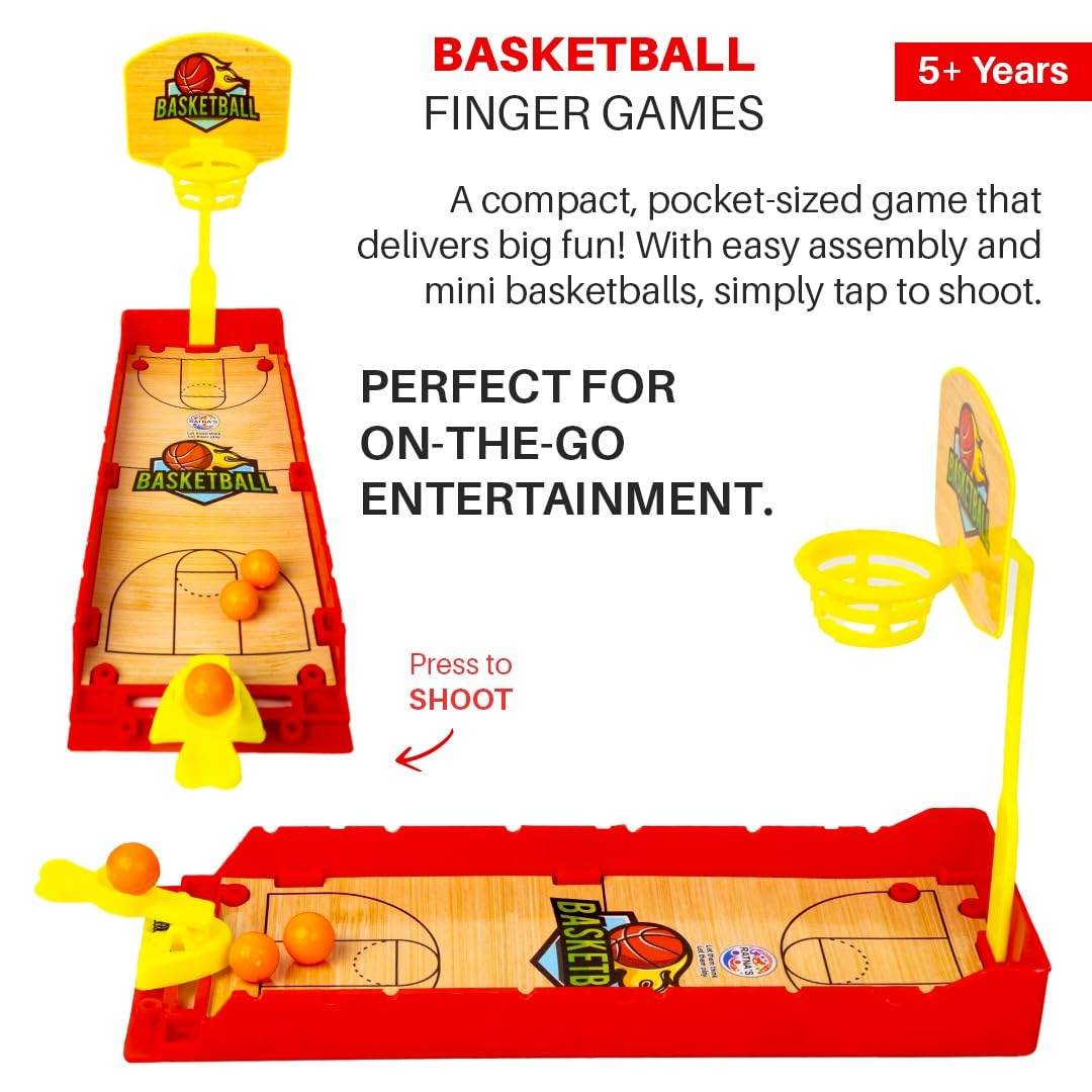 Prem Ratan mini basketball finger board game with yellow hoop and orange balls for kids 5 years and up
