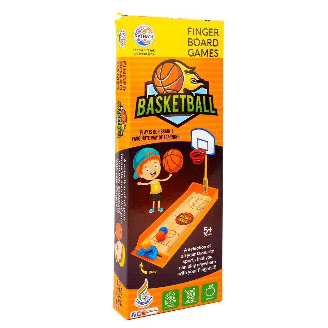 Prem Ratan mini basketball finger board game packaging with playful kid and basketball hoop