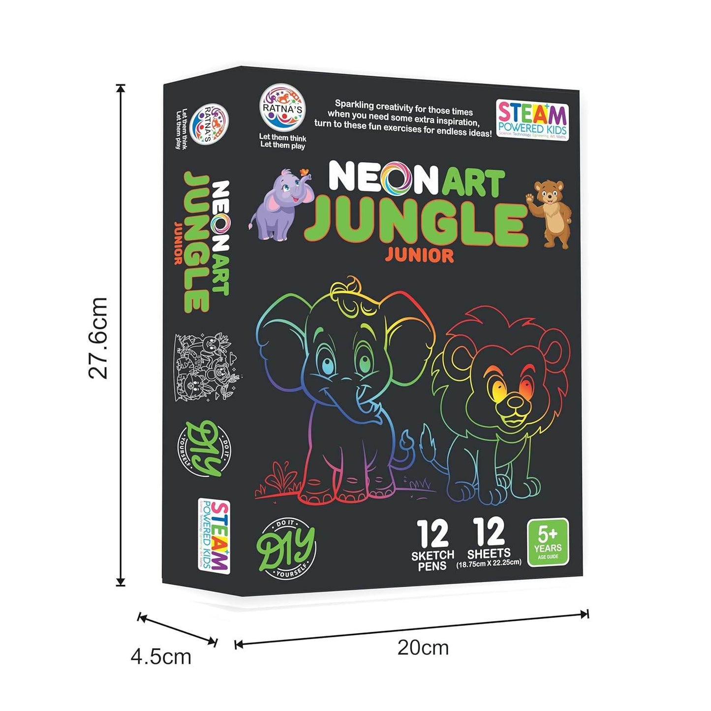 Prem Ratna neon art coloring kit for kids featuring jungle animals with 12 sketch pens and 12 sheets