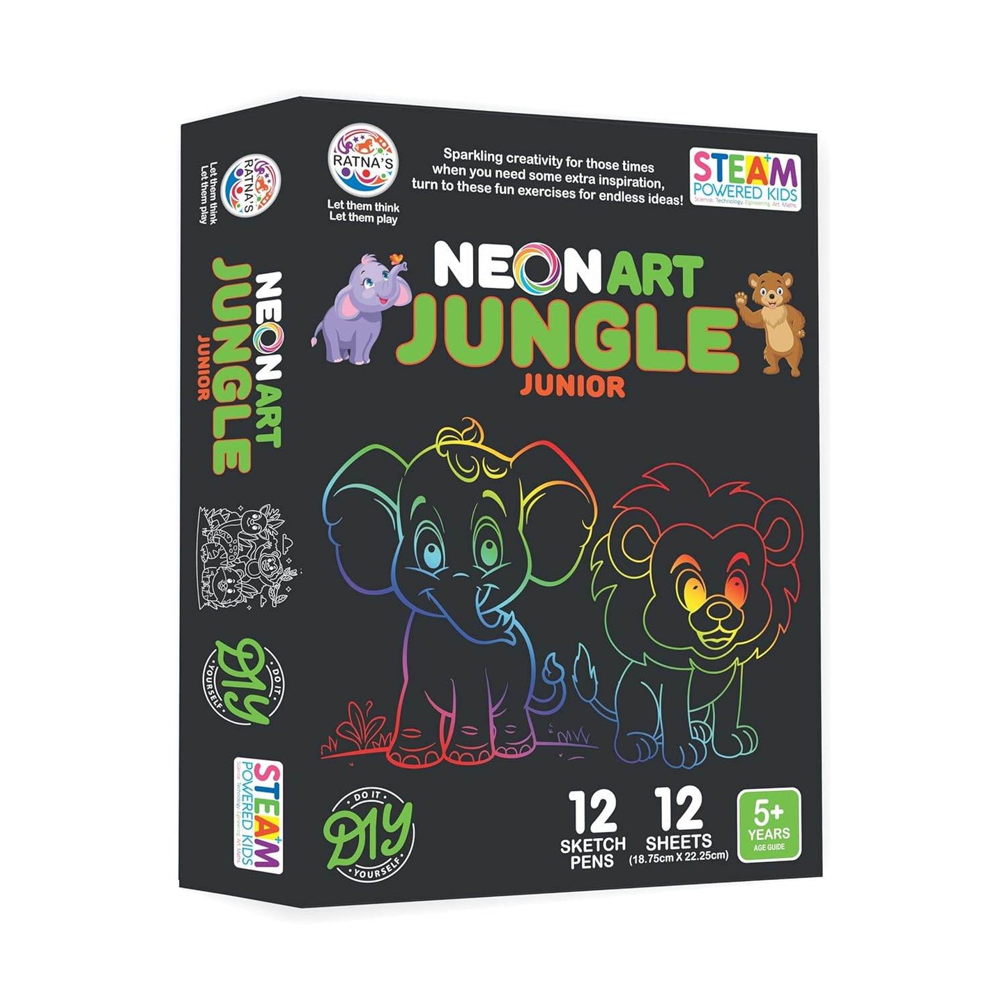 Prem Ratna neon art coloring kit for kids jungle theme with 12 sketch pens and 12 sheets for ages 5 and up